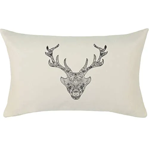 Hirschkopf Kissen mit Motiv Hirschgeweih Landhausstil Dekoration Country Chic traditionelle Wohnzimmer Dekokissen mit Füllung Zierkissen Sofakissen groß Polsterüberzug | 40x60cm | beige