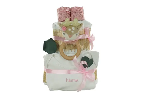 dubistda-WINDELTORTEN- Neugeborenen-Geschenkset Windeltorte Mädchen mit Name bedruckt, REH ELLA, rosa Personalisierbar