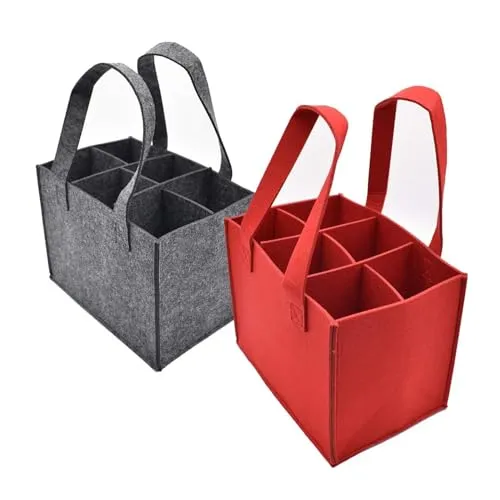 Xiuyer 2 Stück Flaschentasche Wine Bierträger Filztasche mit Herausnehmbare Trennwand 6 Flaschen Bottlebag Geschenk Verpackung für Reise Picknick Camping Party(24x16x24cm, Grau und Rot)