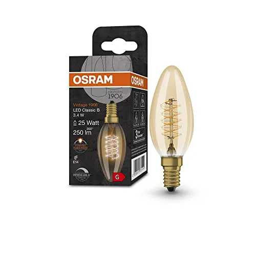 OSRAM Lamps 1906 LED-Lampe mit Gold-Tönung, 3,4W, 250lm, Kerzenlampe(Classic B)mit E14-Sockel,warmweiße Lichtfarbe,spiralförmiges Filament,dimmbar, bis zu 15 Std. Lebensdauer,25W-Ersatz, 4058075761414