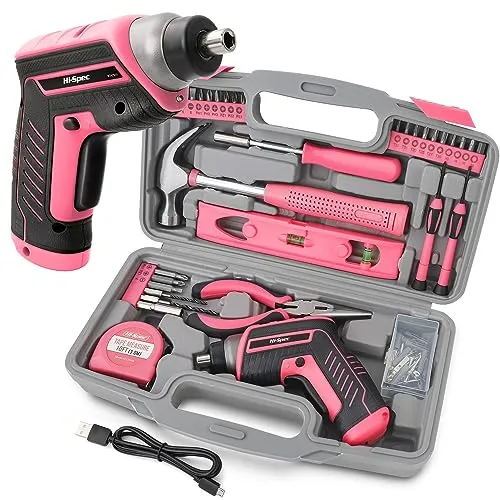 Hi-Spec 35-teiliges Pink-Rosa Heimwerker Werkzeug-Set - Werkzeug-Sets: Praktisches Set mit USB-Akkuschrauber und 35 Werkzeugen in lebendiger Pink-Rosa Farbe – ideal für schnelle Reparaturen und DIY-Projekte zu Hause.