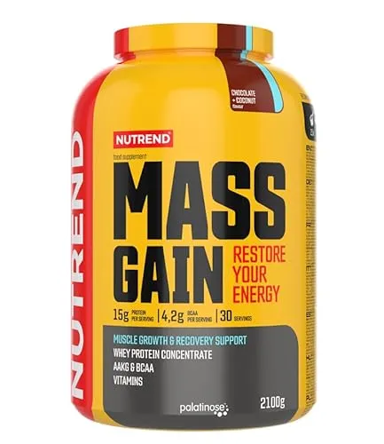 Nutrend Mass Gain (2100 g, Schokoladen-Kokosnuss) - Sportnahrung mit über 20% hochwertigem Eiweiß und Palatinose(TM) für optimale Regeneration und Muskelwachstum. Ideal nach dem Training zur Auffüllung der Glykogenspeicher.