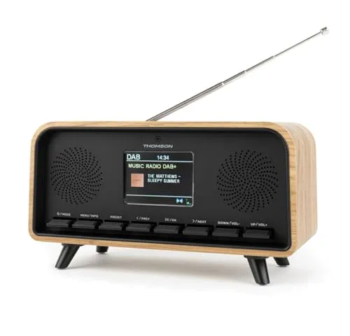 Vintage Bluetooth Radiowecker Thomson RT850DABBT - Tragbares DAB-Funkgerät mit Bluetooth 5.3, LCD-Bildschirm und Doppelalarm. Genießen Sie 30 W Musikleistung und 50 speicherbare Sender für perfekten Klang!