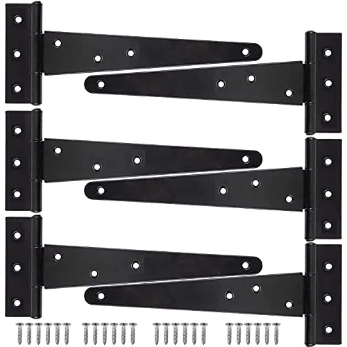 KAHEIGN 6Pcs T-Scharniere 25cm Heavy-Duty Türscharnier Klappbar Scharnieren Metall Eisen T-Riemen Scharnier Torscharniere für Schuppentüren Scheunentor mit 42 Stück Schrauben (Schwarz)