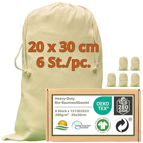 WIESEN.design Stoffbeutel - 280 g/m² OEKO-TEX® zertifizierte Heavy-Duty Baumwolle für langlebige, professionelle Anwendungen, 20x30 cm - 6 St. Kleine Stoffsäckchen, Gift bags, Rohlinge zum beplotten