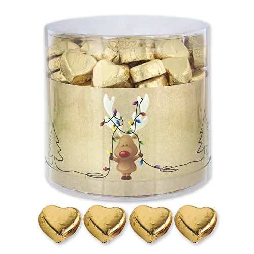 Günthart 150 Stück gold Schokoladen Herzen mit Nougatfüllung Rentier | Nougatcreme Rudolf | Schokoladenherzen gold | Give away | goldene Herzen aus Schokolade | Weihnachten (1,2 kg)