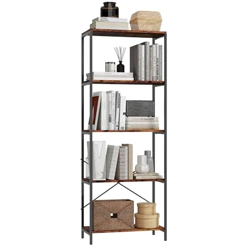 Homcom Bücherregal Braun, Metall, 5 Fächer, 35x161x79 cm - Stabiles Bücherregal mit 5 offenen Fächern für stilvolle Präsentation. Robuste Metallkonstruktion sorgt für Sicherheit und Langlebigkeit. Ideal für Wohnzimmer, Homeoffice oder Schlafzimmer.