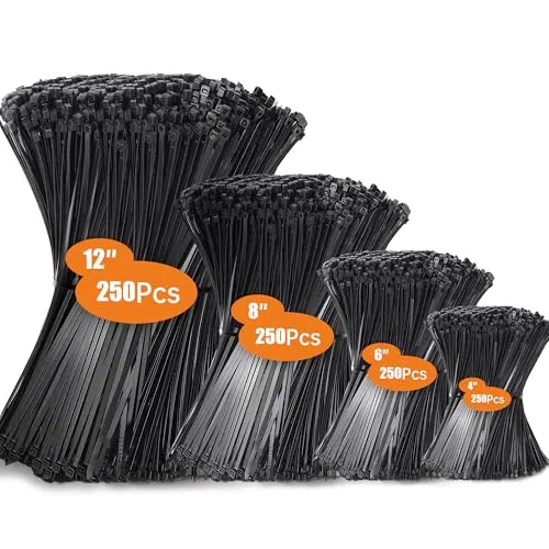 Hosuni 1000 Stück Kabelbinder Schwarz Set,100/150/200/300 mm Kabelbinder UV Beständig,Cable Ties Nylon Verschiedene Größen für Kabelmanagement,Gartenarbeit,Wohnen,Werkstätten
