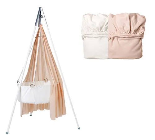 Leander-Babywiege weiß + Stativ weiß + Himmel rosa + Spannbetttücher rosa/weiß