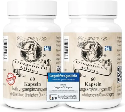 Athina Oregano Öl Softgels-Forte 80% Carvacrol Kapseln - Hochdosierte Softgel-Kapseln mit 100 mg reinem Oreganoöl und 400 mg nativem Olivenöl Extra. Praktische Einnahme, geschmacksneutral und laborgeprüft für geprüfte Qualität ohne Zusätze. Ideal zur Unterstützung der täglichen Ernährung.
