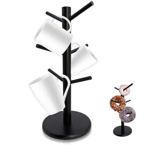 Mritrit Schwarz Tassenständer Hölzerne, Tassenhalter Baum mit 6 Detachable Hooks, Tassenhalter Stehend Holz, Kaffeebecherhalter Wooden Organizer für Küche Tassen Hänger