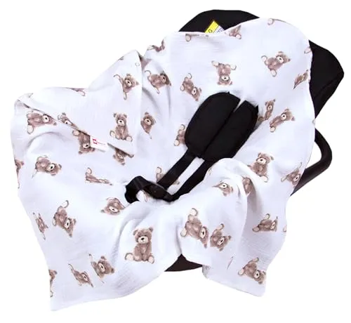 Babylux Einschlagdecke für Babyschale Autositz 80x80 cm – Sommer Babydecke aus Musselin Baumwolle – Atmungsaktiv, mit Gurtschlitzen (D6 Bären)