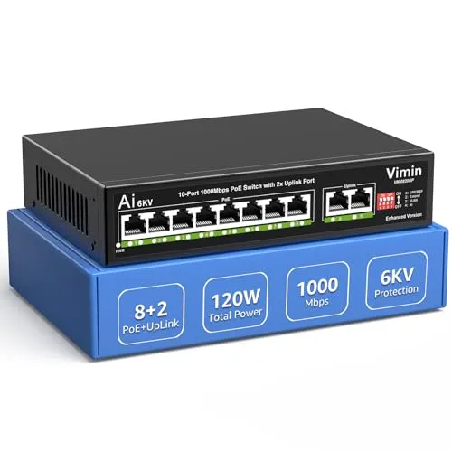 10-Port Gigabit PoE-Switch mit 8 PoE-Ports, VIMIN 8-Port Unmanaged 10/100/1000Mbps Netzwerk PoE-Switch mit 2 Uplink-Ports, AI Watchdog, VLAN, Verlängerung 250m, unterstützt IEEE802.3af/at