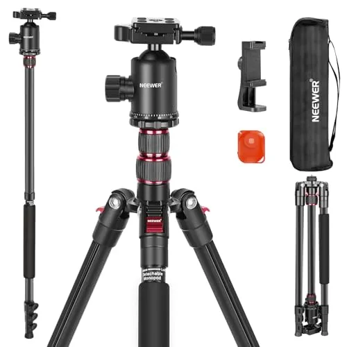 NEEWER 195,6cm Kamera Stativ Einbeinstativ mit Handyhalter, tragbares Reisestativ mit Fernbedienung 360° Kugelkopf 2 Achsen Mittelsäule, Arca QR Platte, Tasche, Aluminium DSLR Tripod, Max 15,4kg, TP77