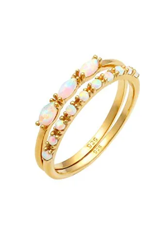 Elli Ring Damen Set mit synthetischem Opal - Eleganter Vintage Look - Ringe für Damen aus vergoldetem 925 Sterling Silber, handgefertigt und anlaufgeschützt. Ein traumhaftes Schmuckstück mit Opal, ideal als Geschenk für besondere Anlässe.
