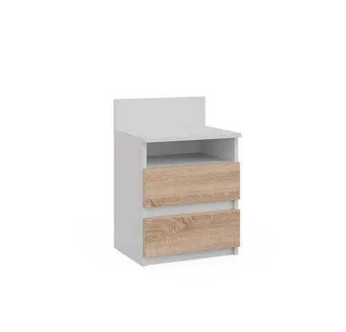 Vicco Nachtschrank Monty, Weiß/Sonoma - Nachtschrank mit 2 geräumigen Schubladen und großzügiger Ablagefläche, ideal für eine stilvolle und praktische Schlafzimmerorganisation.