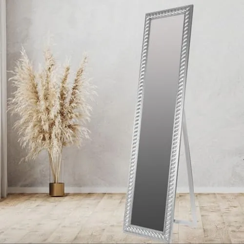 LEBENSwohnART Traumhafter Standspiegel MIRA 180x45cm antik-Silber Facette Holzrahmen Wandspiegel Design