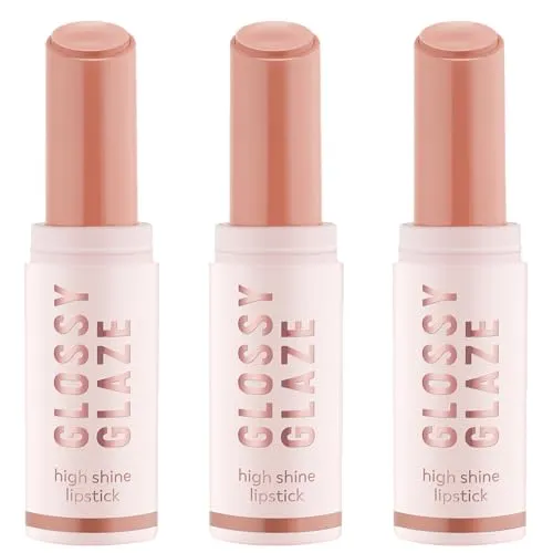essence GLOSSY GLAZE high shine lipstick, Nr. 02, Nude, hochpigmentiert, glänzend, farbintensiv, vegan, ölfrei, ohne Parabene, ohne Mikroplastikpartikel, 3er Pack (3x1.9g)