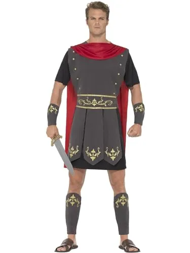 Smiffys Römischer Gladiator Kostüm, Schwarz - Kostüm-Outfits für Erwachsene, inklusive Tunika, Umhang und Stulpen, ideal für Karneval und Themenpartys, aus leichtem Material für hohen Tragekomfort.