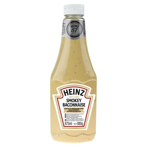 Heinz Smokey Baconnaise scharf rauchige Sauce 875ml - Senf-Sauce mit cremiger, scharfer und rauchiger Note – ideal für Burger, Pommes und Grillabende. Praktische Squeeze-Flasche für einfaches Dosieren und perfekten Genuss.