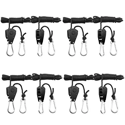 BOSYTRO 4 Paar（8 Stück） 1/8 Zoll Ratchet Hanger Heavy Duty Einstellbare Ratsche Seil Aufhänger Verstellbarer Seilaufhänger für Grow Light Armaturen Pflanzenlampe Gartenarbeit, 68kg Tragkraft pro Paar