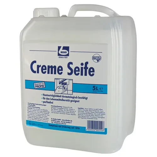 Dr. Becher 1554000 Creme Seife extra mild 5 L - Milde Flüssigseife für empfindliche Haut, pH-hautfreundlich und dermatologisch getestet, ideal für häufige Anwendungen und den Lebensmittelbereich.
