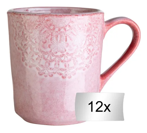 Home4You Tasse 12er Set, 355 ml, Rosa, mit floraler Prägung, Steingut, glasiert, spülmaschinengeeignet