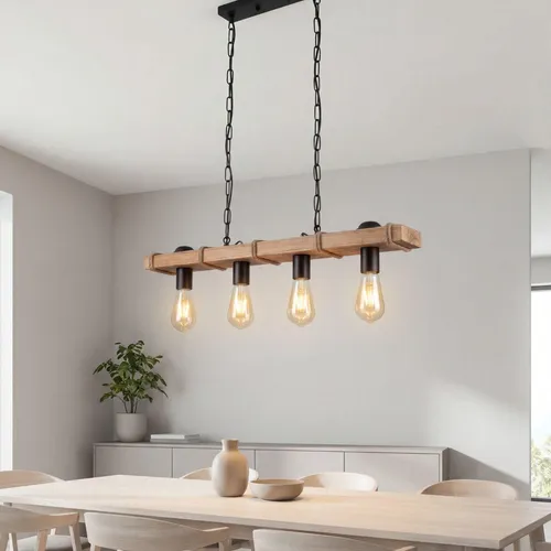 Rustikale Hängelampe aus Metall und geflammtem Holz - Stilvolle 4-flammige Pendelleuchte mit direkter Lichtstreuung, ideal für Esstisch und Bar. Individuelle Leuchtmittelwahl ermöglicht Anpassung der Helligkeit und Lichtfarbe.