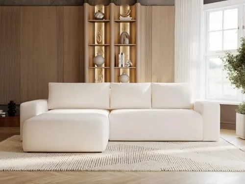 GRAINGOLD Tazones Ecksofa mit Schlaffunktion & Bettkasten 250x165 cm, L-Form Sofa mit Stauraum, Schlafcouch für Wohnzimmer, Velour, 3-Sitzer Eckcouch, Modernes Design (Creme, Links)