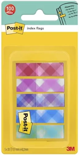 Post-it Index Hafstreifen, Klein, Karierte Bedruckte Kollektion, 11,9 mm x 43,2 mm, 100/Packung - Extrastarke Haftstreifen für Dokumente und Informationen