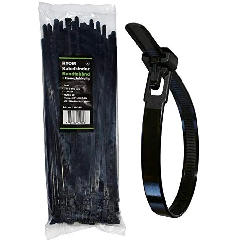 Ryom Kabelbinder Wiederverschließbar 7,5x400mm Schwarzes Nylon, 100 Stück