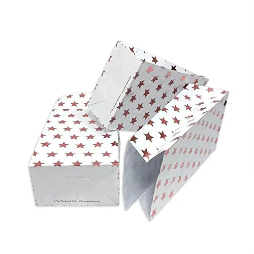 Frau WunderVoll® 12 Papiertüten mit Boden,weiß, Rosegold Sterne, 12x7x24cm/Blockbodenbeutel,Tüte,Papierbeutel,Papiertüte, Geschenktüte, Geschenkbeutel,Gastgeschenk,Hochzeit,Mitgebseltüte,Falttasche