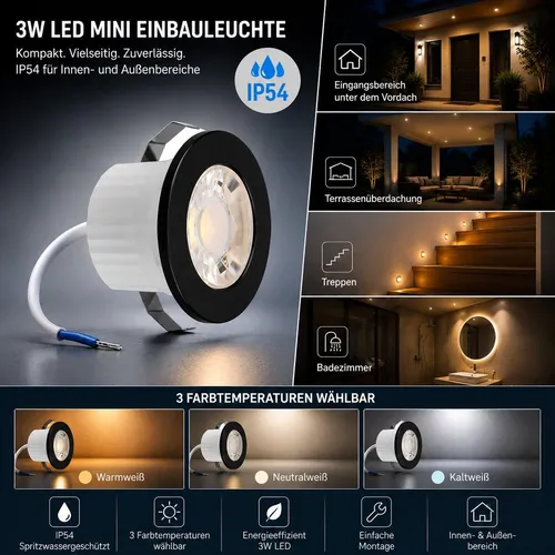 3w Mini LED Einbauleuchte Einbaustrahler Einbauspot Spot Schwarz 6500K Kaltweiß 240 Lumen Schutzart IP54