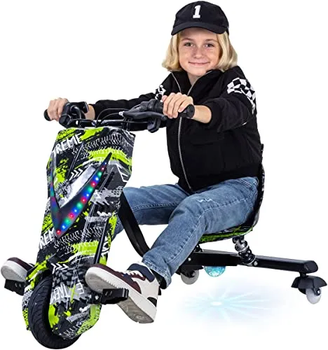 Actionbikes Motors Kinder Elektro Driftscooter 360 Grad - 250 Watt Elektromotor, 3 Geschwindigkeitsstufen, verstellbarer Sitz und Bluetooth für unvergesslichen Fahrspaß