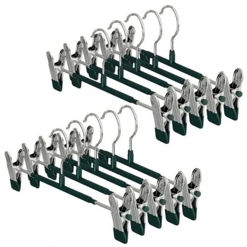 Dunkwckore 10 Stück Hosenbügel Klemmbügel, Hosenspanner Kleiderbügel aus Metall, Platzsparend Rockbügel, rutschfeste Gummierte und Verstellbare Klammern für Hängende Hosen Socken Mäntel, Grün