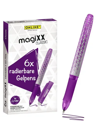 Online Pen Tintenroller magiXX Classic, (6x radierbare Gelschreiber lila, ergonomisches Griffstück), Gelpens für Schüler, Studenten, Büro