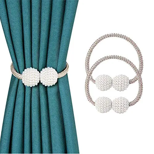 SUOXU Vorhang-Raffhalter, 2 Stück magnetische Vorhang-Raffhalter, Perlenkugel Vorhang-Clips, Seil-Halterung Schnallen für Zuhause, Büro, dekorativ (Beige