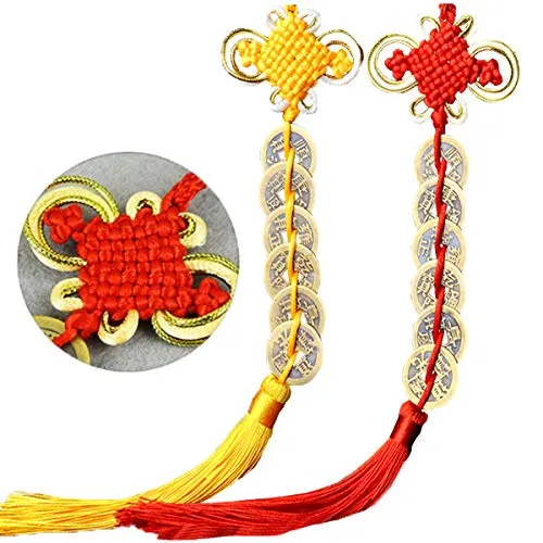 Mengger 2pcs Chinesische Münzen Glücksmünze Feng Shui Glück Münze Roter Schnur Knoten Cord für Reichtum und Erfolg Beste Geschenk