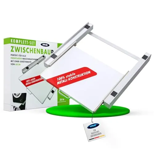 m-e ZR-56 Zwischenbaurahmen für Trockner & Waschmaschine – Verbindungsrahmen mit Ablage – stabil stapeln & fixieren – Waschmaschine-Trockner-Verbindung für 60 cm Geräte, 100% Metall