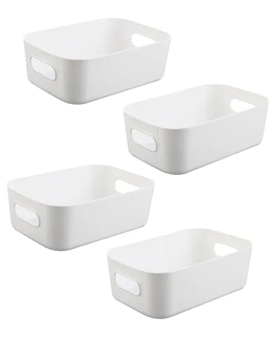 Aufbewahrungsboxen Weiß 4 Stück – Aufbewahrungskorb & Organizer Box, Aufbewahrungsbox Klein aus Kunststoff, Stapelbare Ordnungsbox für Küche, Kleiderschrank & Aufbewahrung Badezimmer (20 x 14 x 7 cm)