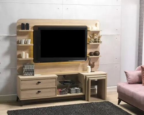 Moderne Wohnwand aus Holz mit Regalen und Schubfächern - Stilvolle Wohnwand in Beige, aus hochwertigem Holz gefertigt. Mit großzügigen Regalen und praktischen Schubfächern für eine elegante Wohnzimmereinrichtung. Maße: ca. 180 x 47 x 174 cm.