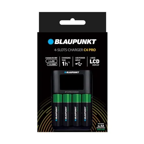 Blaupunkt Advanced Ladegerät für 1-4 NI-MH Akkus, 1 Stunde Ladezeit, Inclusive 4 AA Blaupunkt Akkus