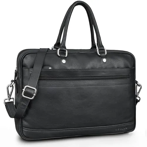 ROYALZ 'Charleston' Echtleder Aktentasche Herren/Damen Umhängetasche Leder groß modern - Business Laptoptasche 14-15.6 Zoll Ledertasche als Henkeltasche Schultertasche, Farbe:Schwarz