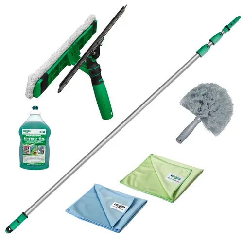 Unger AK130 Wintergarten Reinigungsset - Komplettes Reinigungsset für Wintergärten mit Teleskopstange und Mikrofasertüchern für streifenfreie Fensterreinigung. Ideal für mühelose Pflege von Glasflächen.