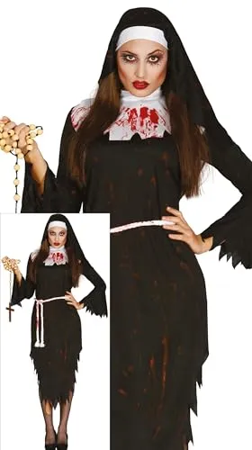 Fiestas Guirca Hexen-Kostüm: Lady Zombie Nonne - Hexen-Kostüme für gruselige Verkleidungen, verwandelt Dich schnell in eine blutige Zombie-Nonne mit Kleid, Haube und Gürtel – perfektes Outfit für Halloween!