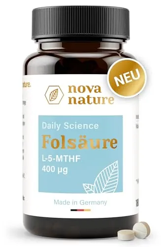 Folsäure 400µg [L-5-MTHF, 180 Tabletten] - Hoch bioverfügbar, vegan - Premium Folsäure Kinderwunsch und Schwangerschaft, Herzgesundheit, Blutbildung - von NovaNature®