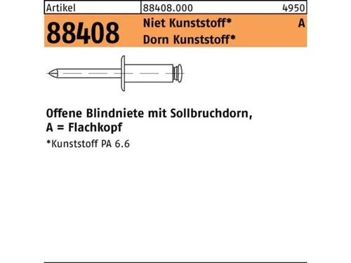Blindniete Kunststoff Flachkopf 4 x 12 S, 500 Stück - Hochwertige offene Blindnieten mit Sollbruchdorn, ideal für schnelle und zuverlässige Befestigungen. Perfekt für Handwerk und DIY-Projekte.