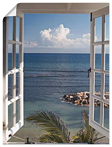 ARTLAND Wanddeko Poster & Kunstdrucke Wandposter 45x60 cm Fensterblick Fenster zum Paradies Strand Meer Maritim Palmen Landschaft T9II