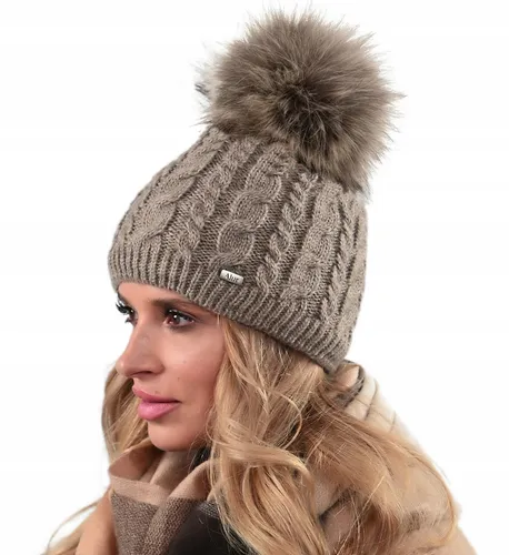 Warme Damen-Wintermütze mit Bommel, gefüttert mit Fleece, Modell BEANIA Latte UN