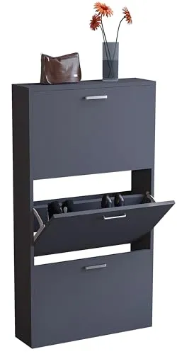 VCM Holz Regal Kipper Schuhregal 3 Klappen Anthrazit - Schuhschrank für ca. 9 Paar Schuhe mit 3 leicht öffnenden Klappen. Optimal für platzsparende Aufbewahrung, Maße: H. 108 x B. 59 x T. 17 cm.